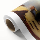 Rolled canvas artwork showcasing a vibrant urban landscape design, featuring colorful buildings and streets, ideal for modern home decor. Packaged securely in a cardboard tube for safe delivery.
