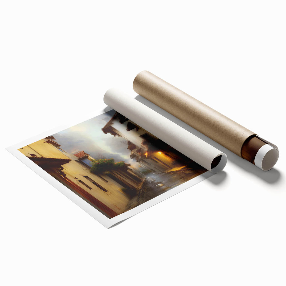 Rolled print showcasing a vibrant cityscape wall art design featuring colorful buildings and abstract shapes, ideal for home decor or office styling.