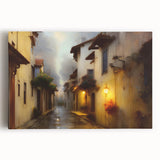 Stretched canvas wall art showcasing a vibrant landscape design with streets and buildings, ideal for modern home decor. The artwork features rich colors and intricate details, making it a perfect statement piece for living rooms or offices.