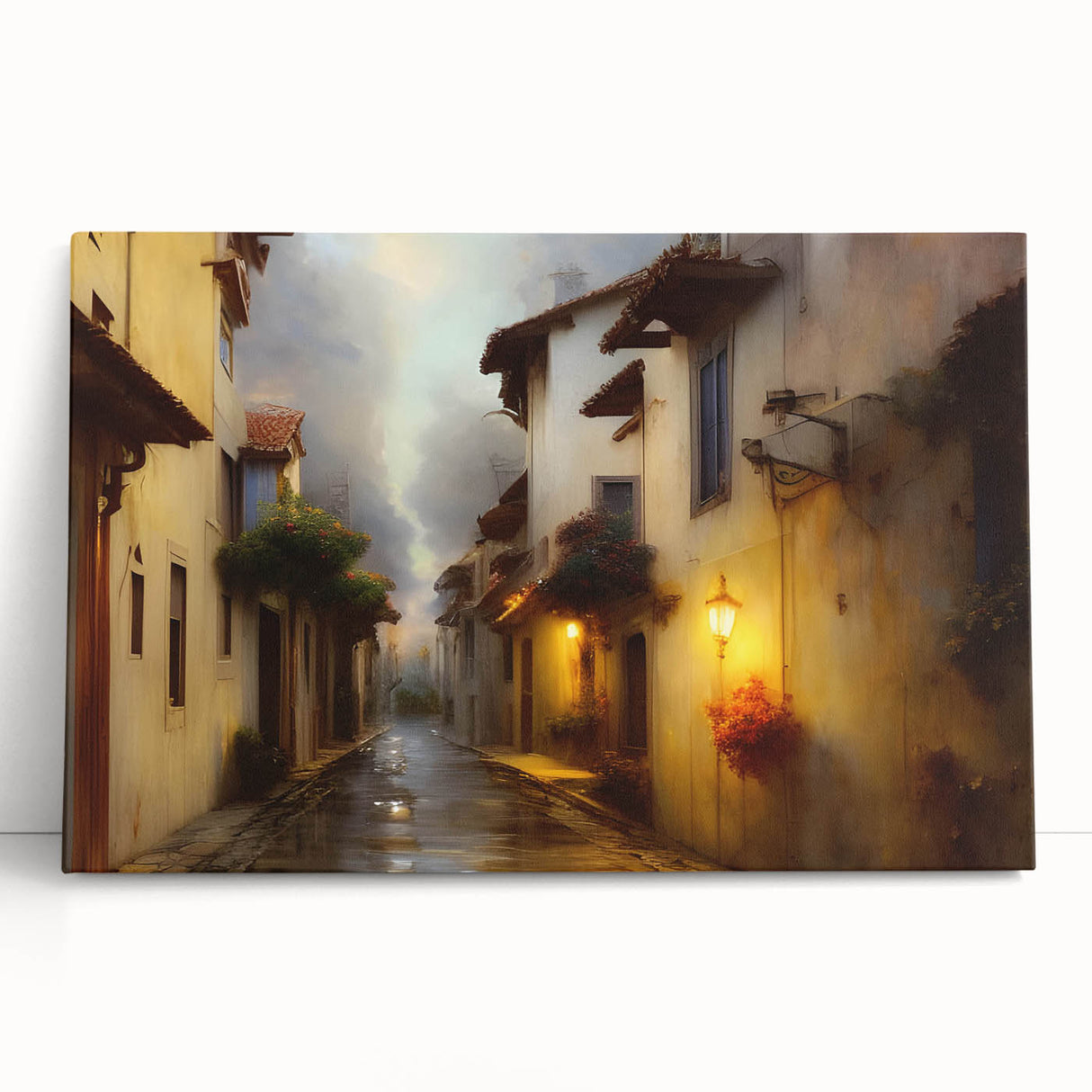 Stretched canvas wall art showcasing a vibrant street landscape design, featuring colorful buildings and urban elements, ideal for modern home decor.