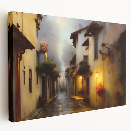 Stretched canvas wall art featuring a vibrant urban landscape design, showcasing colorful streets and unique architectural elements. Ideal for modern home decor.