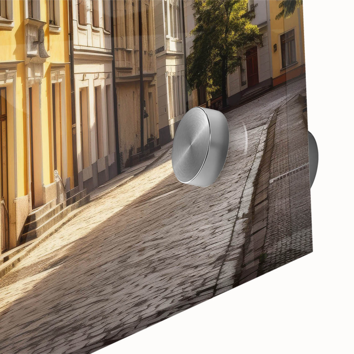 Close-up view of a vibrant acrylic glass wall art piece showcasing an abstract street landscape design, featuring rich colors and intricate details that enhance modern decor. Perfect for adding a stylish touch to living spaces or offices.