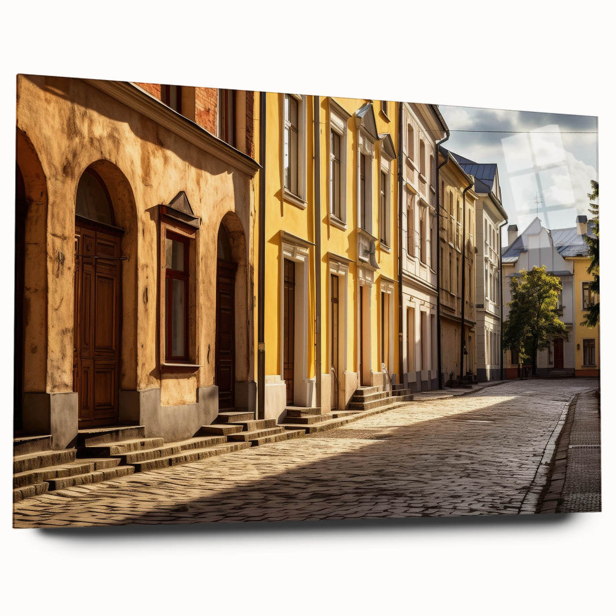 Acrylic glass artwork showcasing a vibrant landscape street design in a contemporary style, framed elegantly and displayed from the side, highlighting its sleek finish and modern aesthetic. Perfect for home decor enthusiasts seeking unique wall art to enhance their living space.