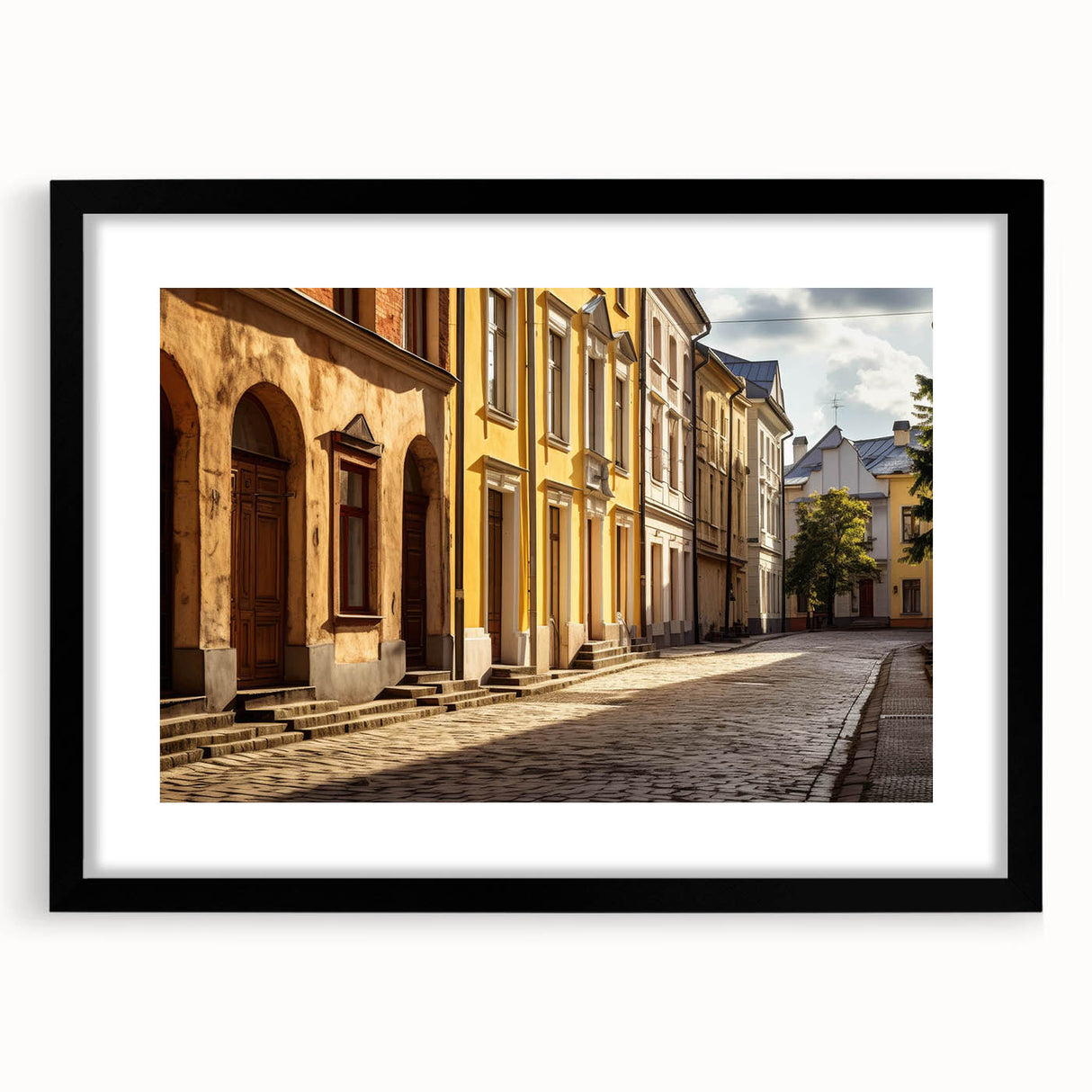 Framed wall art featuring a modern street landscape design with a black mat, showcasing vibrant colors and intricate details, ideal for home decor enhancement.