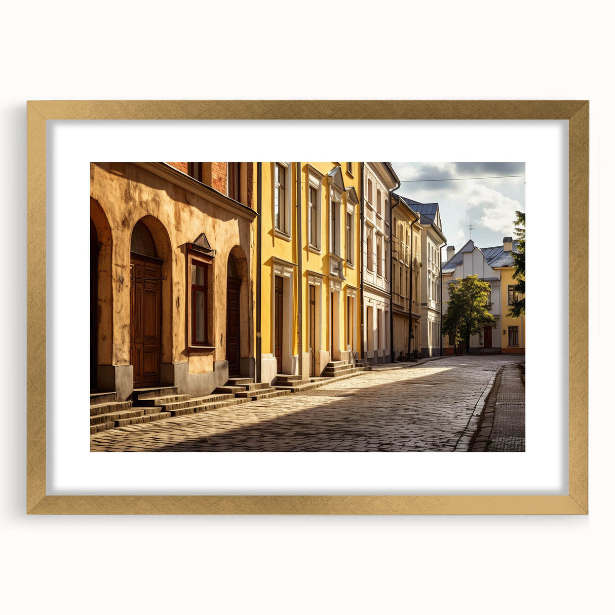 Framed wall art featuring a stunning landscape street design with a gold mat and elegant frame, ideal for modern home decor and art enthusiasts.