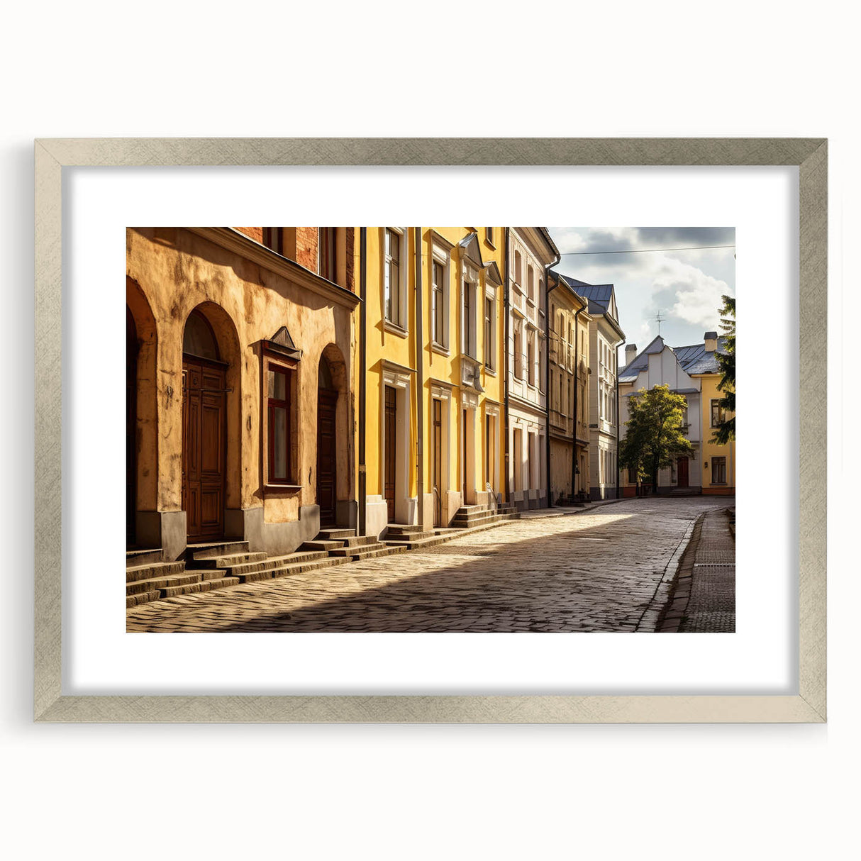 Framed wall art collection showcasing a modern landscape design with a silver mat, perfect for enhancing home decor in living rooms or offices.