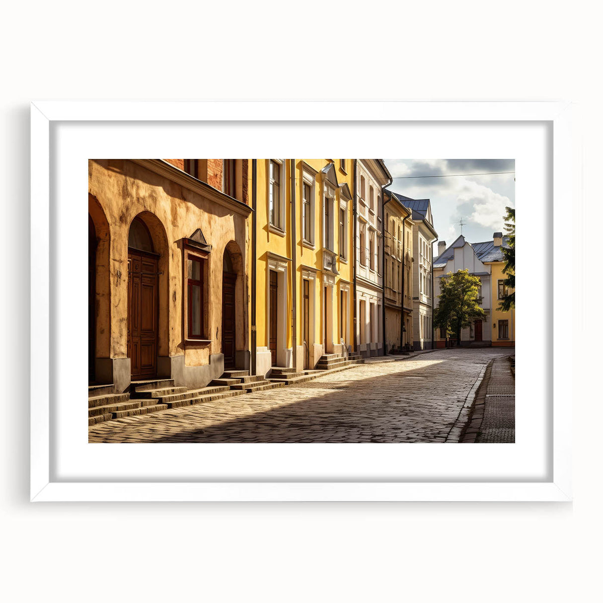 Framed wall art featuring a modern landscape design with vibrant colors and a white mat, showcasing a stylish front view perfect for home decor.