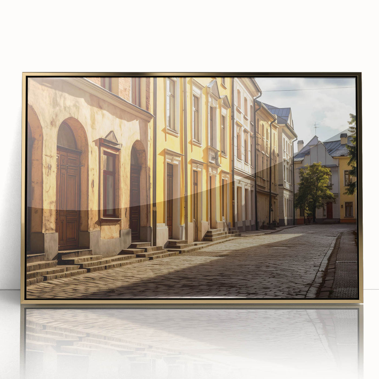 Framed wall art featuring a gold-accented landscape design, showcasing a modern street view with vibrant colors, ideal for contemporary home decor. Perfect for adding elegance to living spaces.