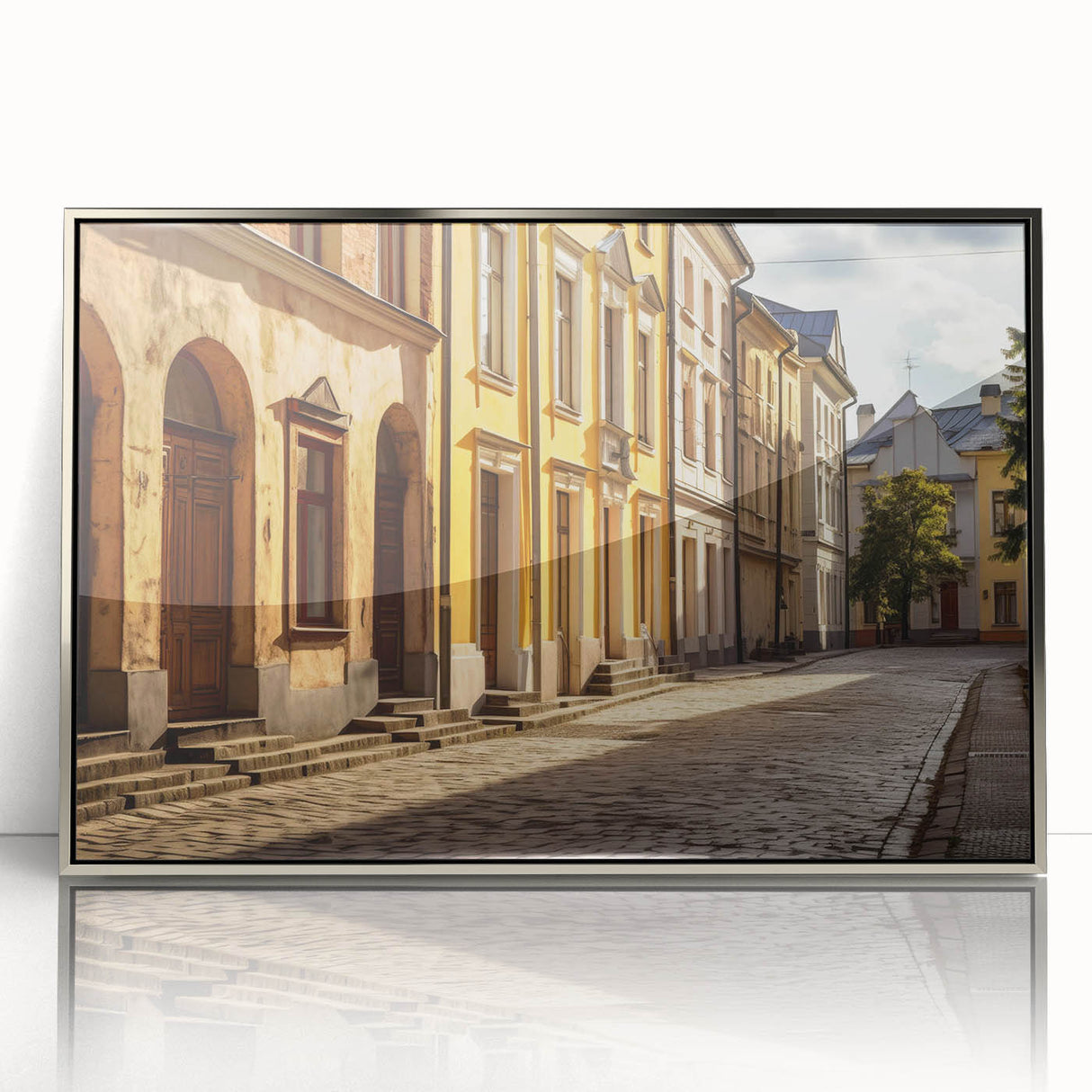 Framed acrylic wall art showcasing a modern cityscape design, featuring sleek silver accents and vibrant colors, perfect for contemporary home decor.