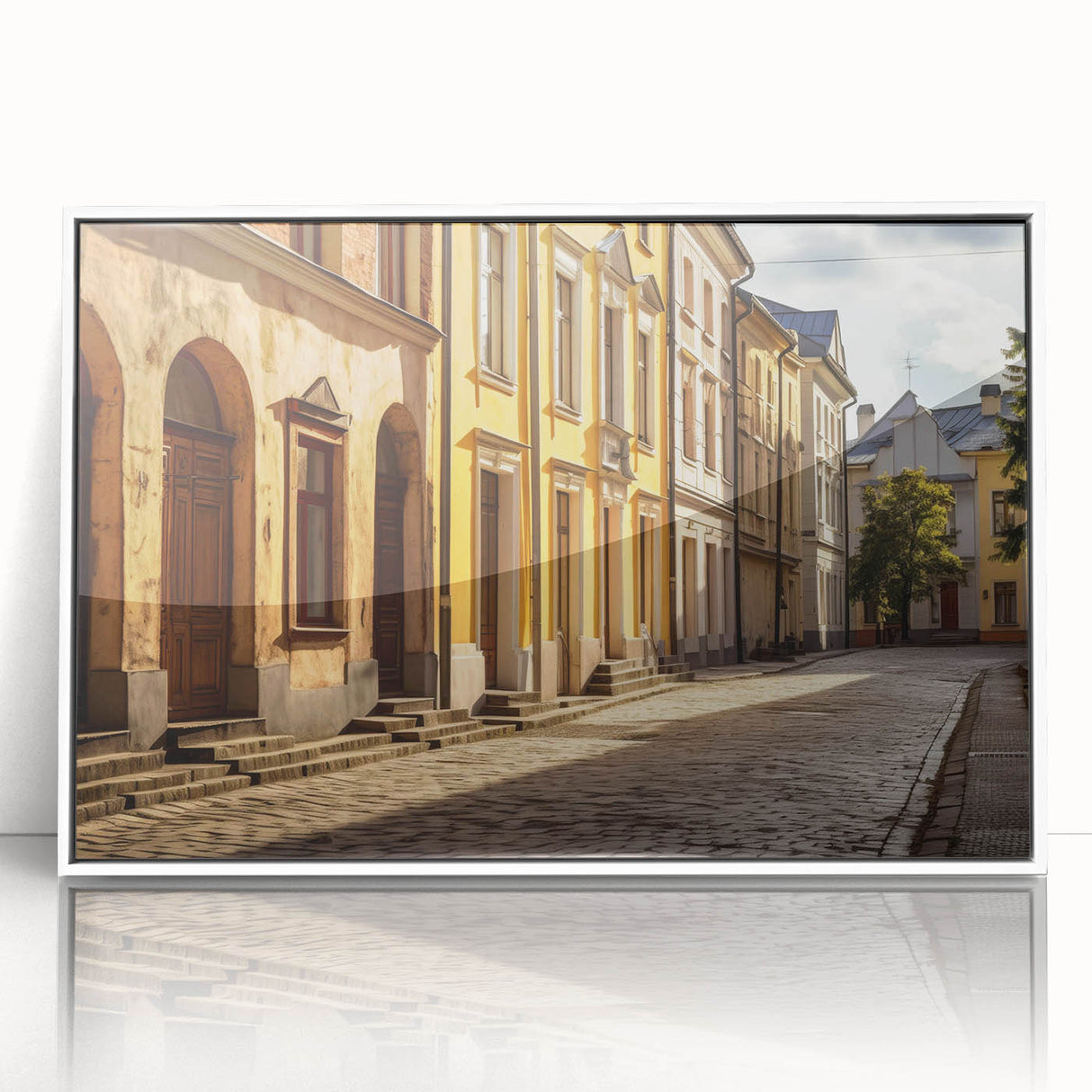 Framed wall art featuring a contemporary landscape design with vibrant colors, showcasing a serene street scene in a white frame, perfect for modern home decor.