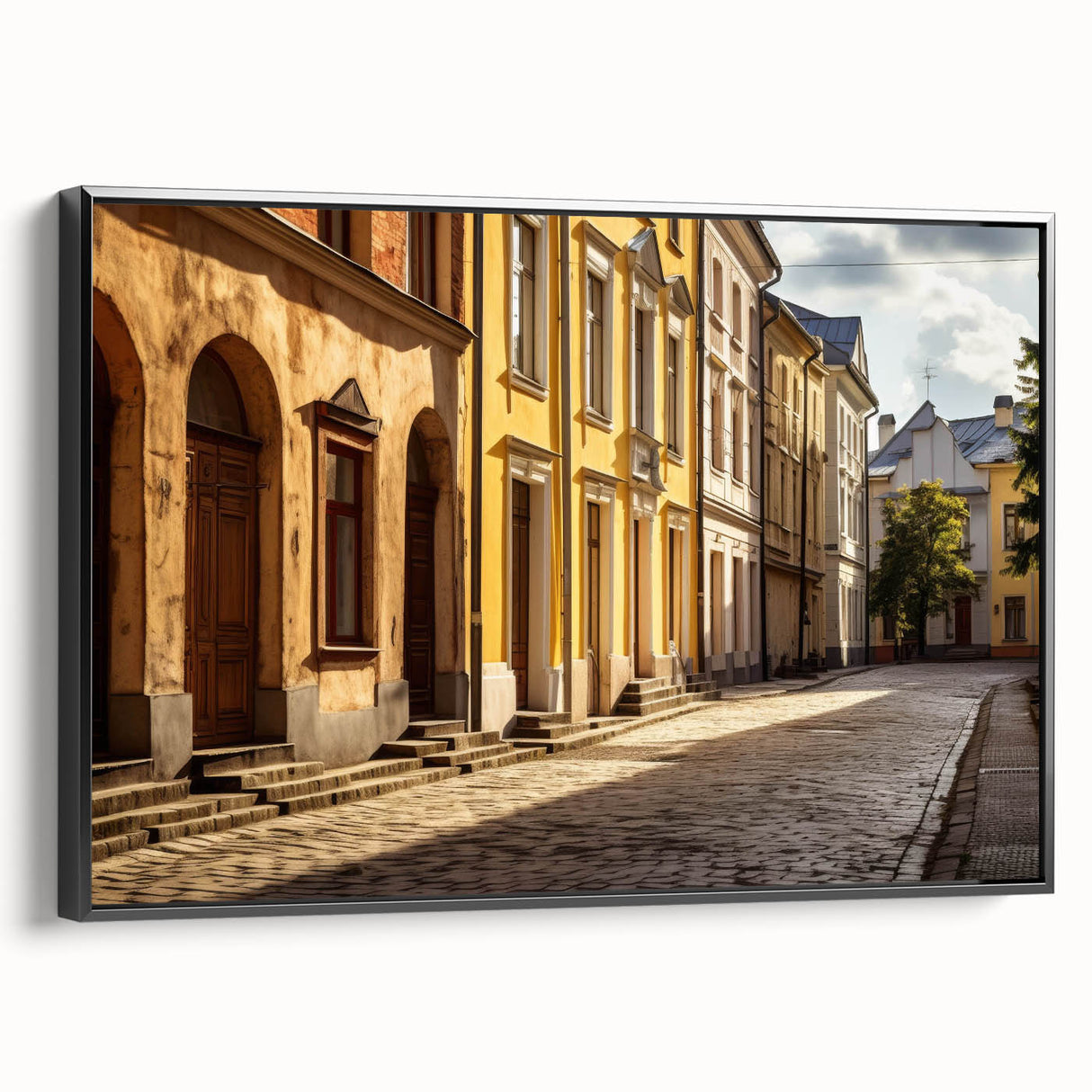 Framed canvas wall art showcasing a vibrant street landscape design in black, perfect for modern home decor, emphasizing urban aesthetics and artistic expression.