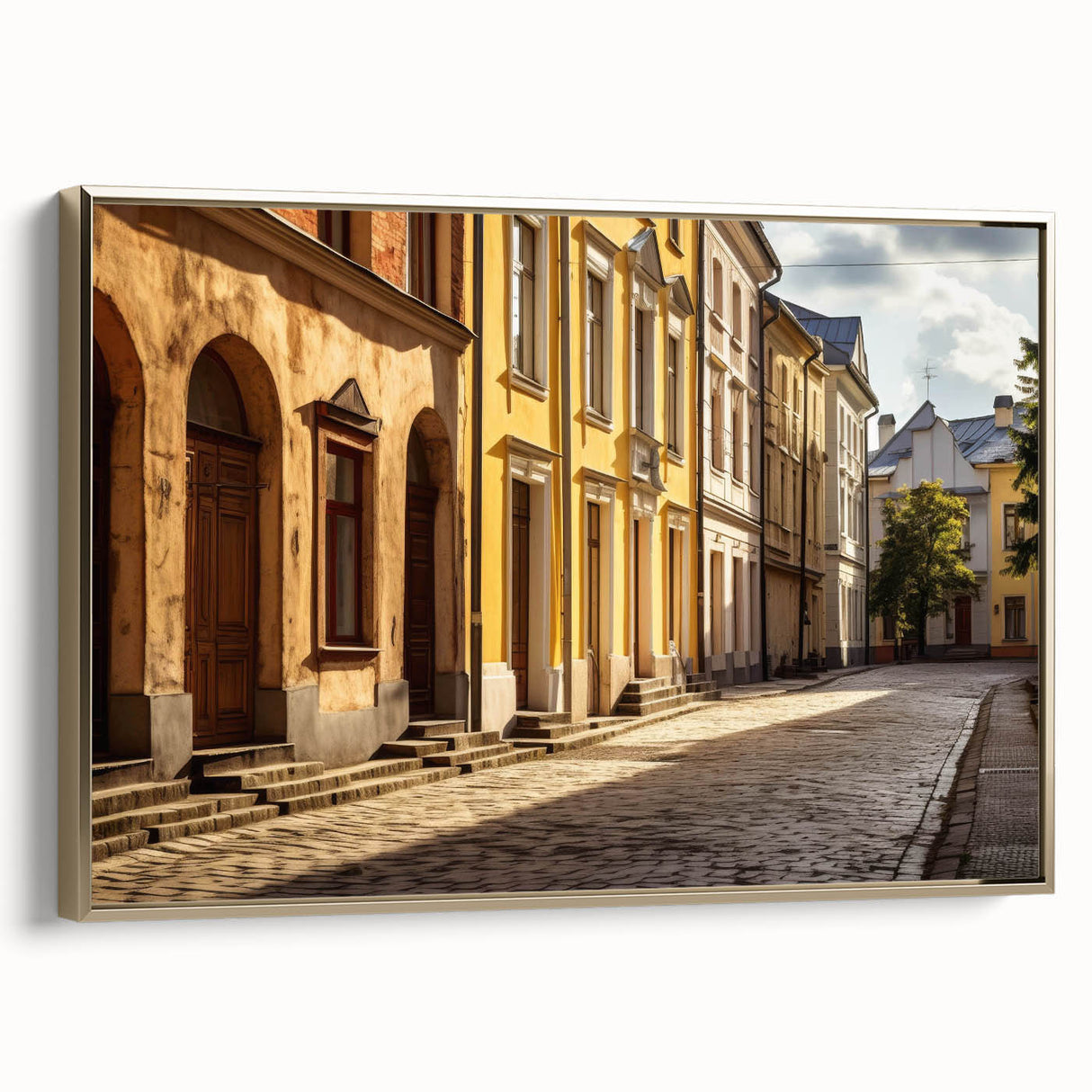 Framed canvas wall art featuring a vibrant city street landscape design, accented with gold trim, ideal for modern home decor. Perfect for adding a stylish touch to living spaces.