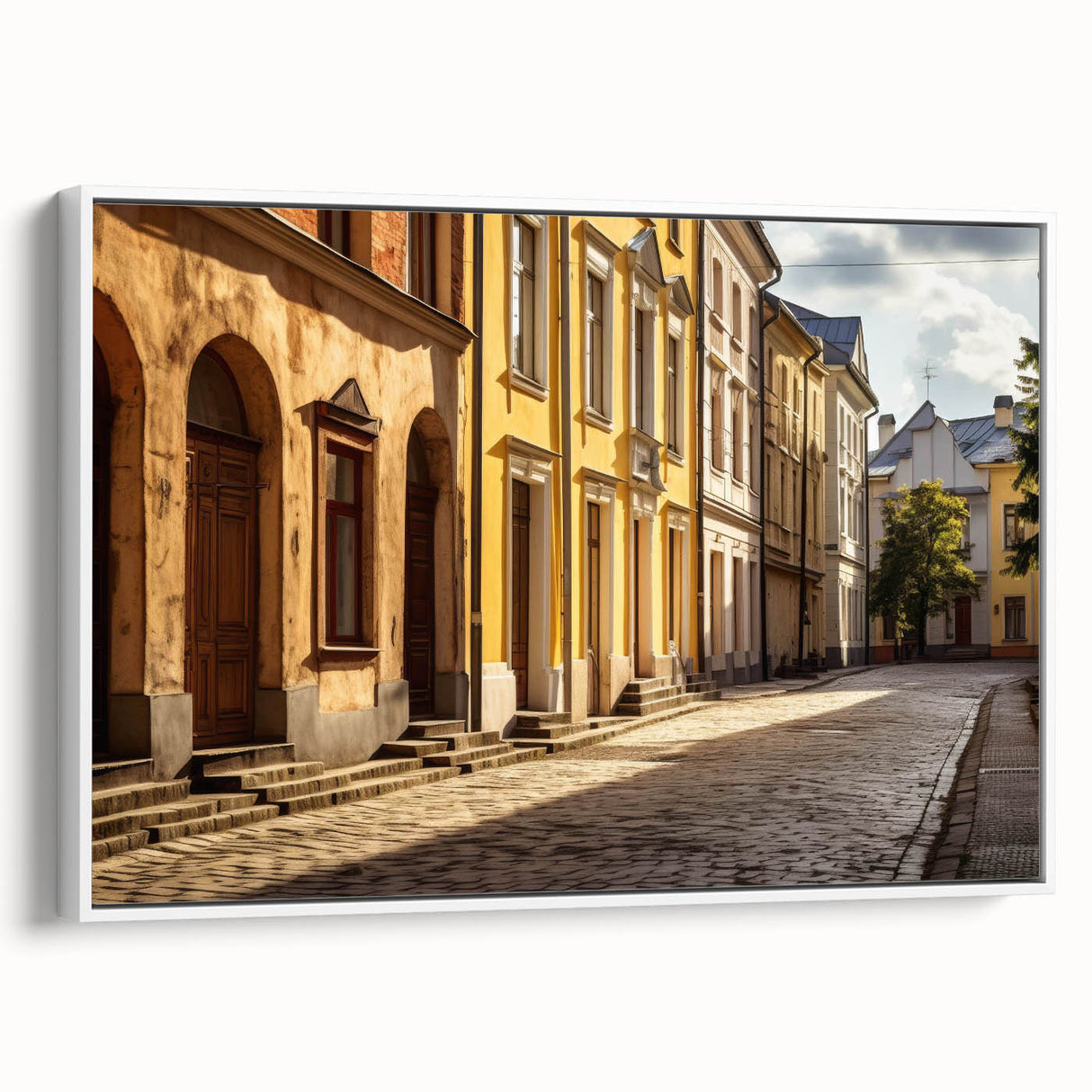 Framed canvas artwork showcasing a contemporary street landscape design in vibrant colors, displayed against a white wall for an elegant home decor accent.