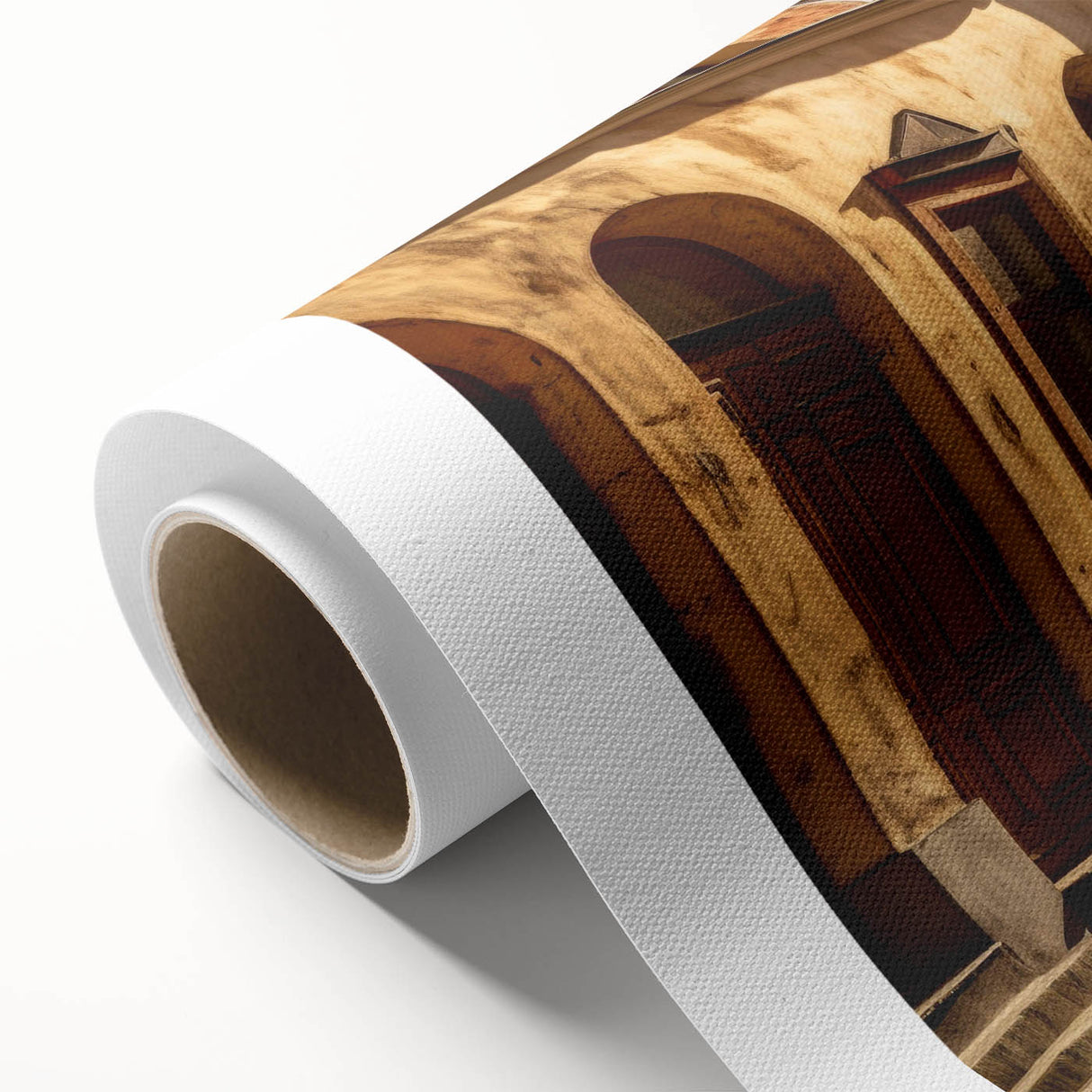 Rolled canvas showcasing a vibrant landscape street design in warm tones, ideal for modern home decor, presented in a durable protective tube.