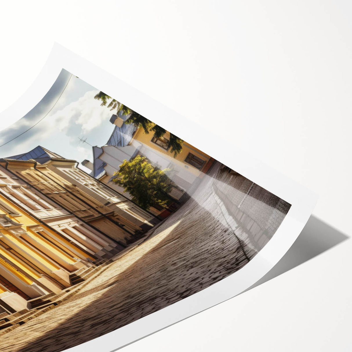 Rolled print of a vibrant cityscape wall art design showcasing colorful streets and buildings, ideal for modern home decor. Packaged securely for safe delivery.