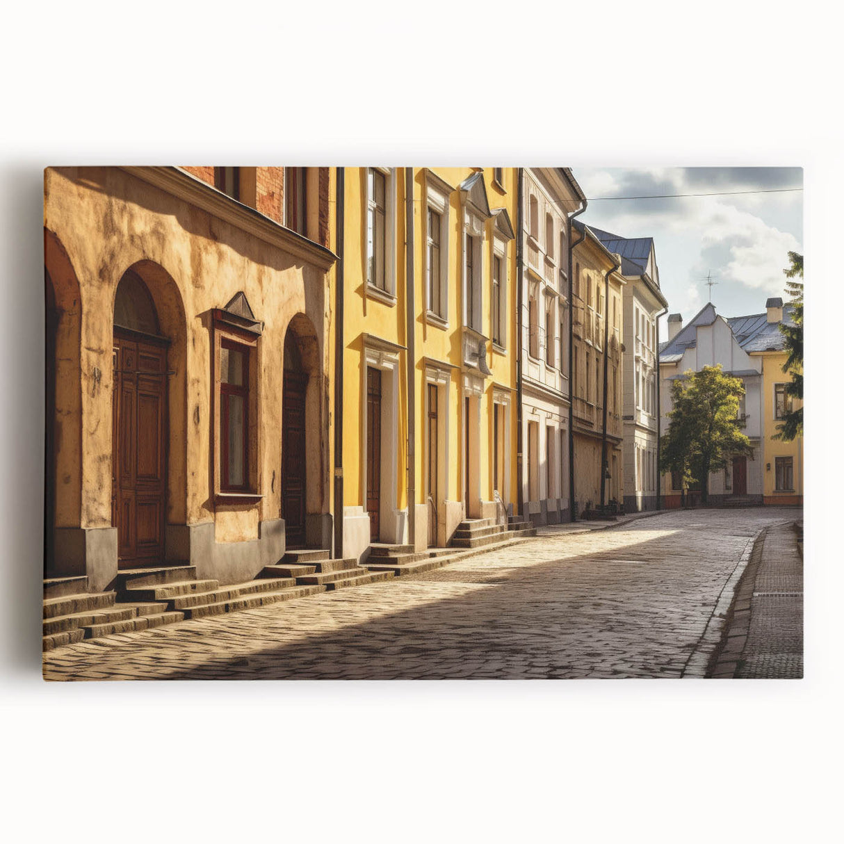 Stretched canvas art showcasing a vibrant landscape scene with colorful streets, ideal for modern home decor. Perfect for adding a touch of creativity to any room.