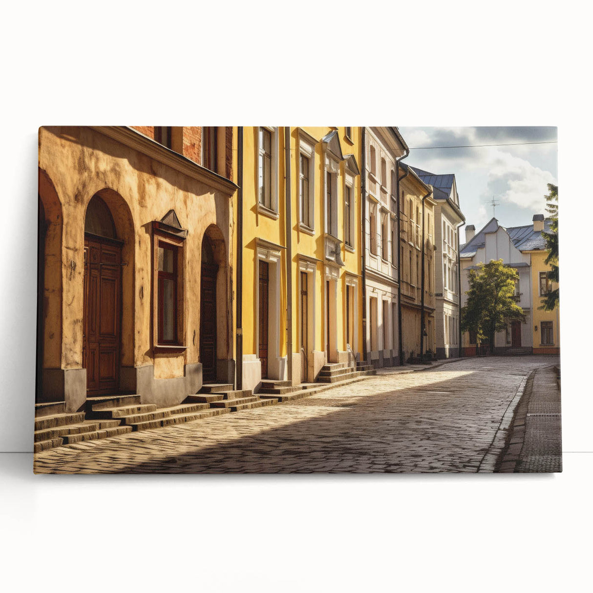 Stretched canvas wall art showcasing a vibrant street landscape design, featuring rich colors and textures, perfect for modern home decor. Ideal for art enthusiasts and interior design lovers.