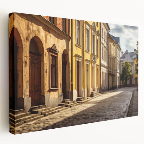 Stretched canvas art showcasing a vibrant street landscape design, featuring bold colors and intricate details, ideal for modern home decor. Perfect for adding a stylish touch to any room.