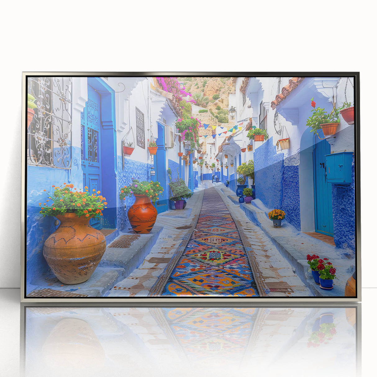 Framed acrylic wall art depicting a modern landscape scene with vibrant colors, featuring a silver frame, ideal for contemporary home decor.