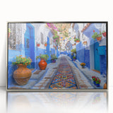 Framed acrylic wall art depicting a modern landscape scene with vibrant colors, featuring a silver frame, ideal for contemporary home decor.