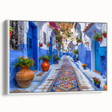 Framed canvas wall art featuring a vibrant landscape design with streets and nature elements, showcased in a sleek white frame, enhancing modern decor aesthetics.