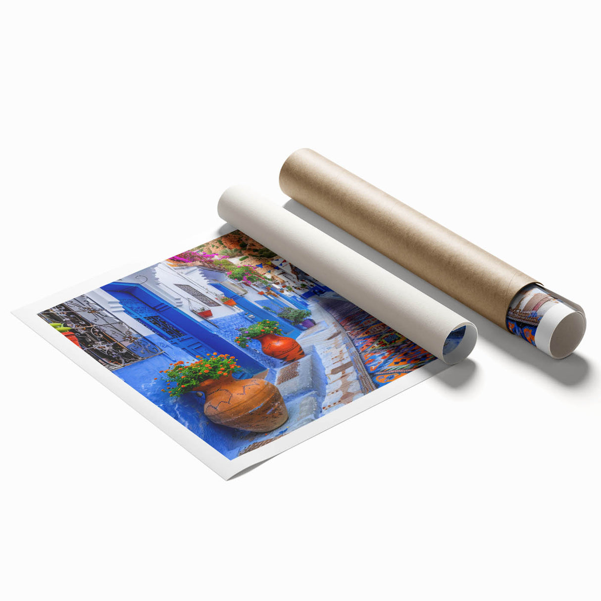 Rolled print of a vibrant cityscape wall art design, showcasing colorful street scenes and abstract elements, ideal for modern home décor.