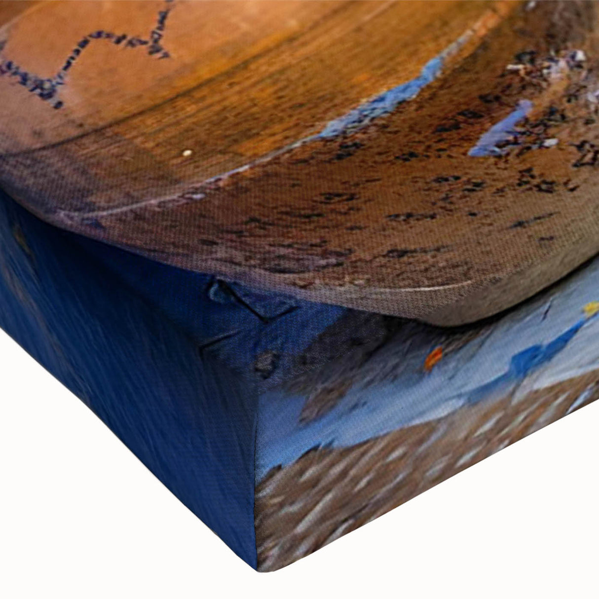 Close-up of a vibrant stretched canvas wall art piece showcasing a colorful abstract landscape design, perfect for modern home decor and interior styling.