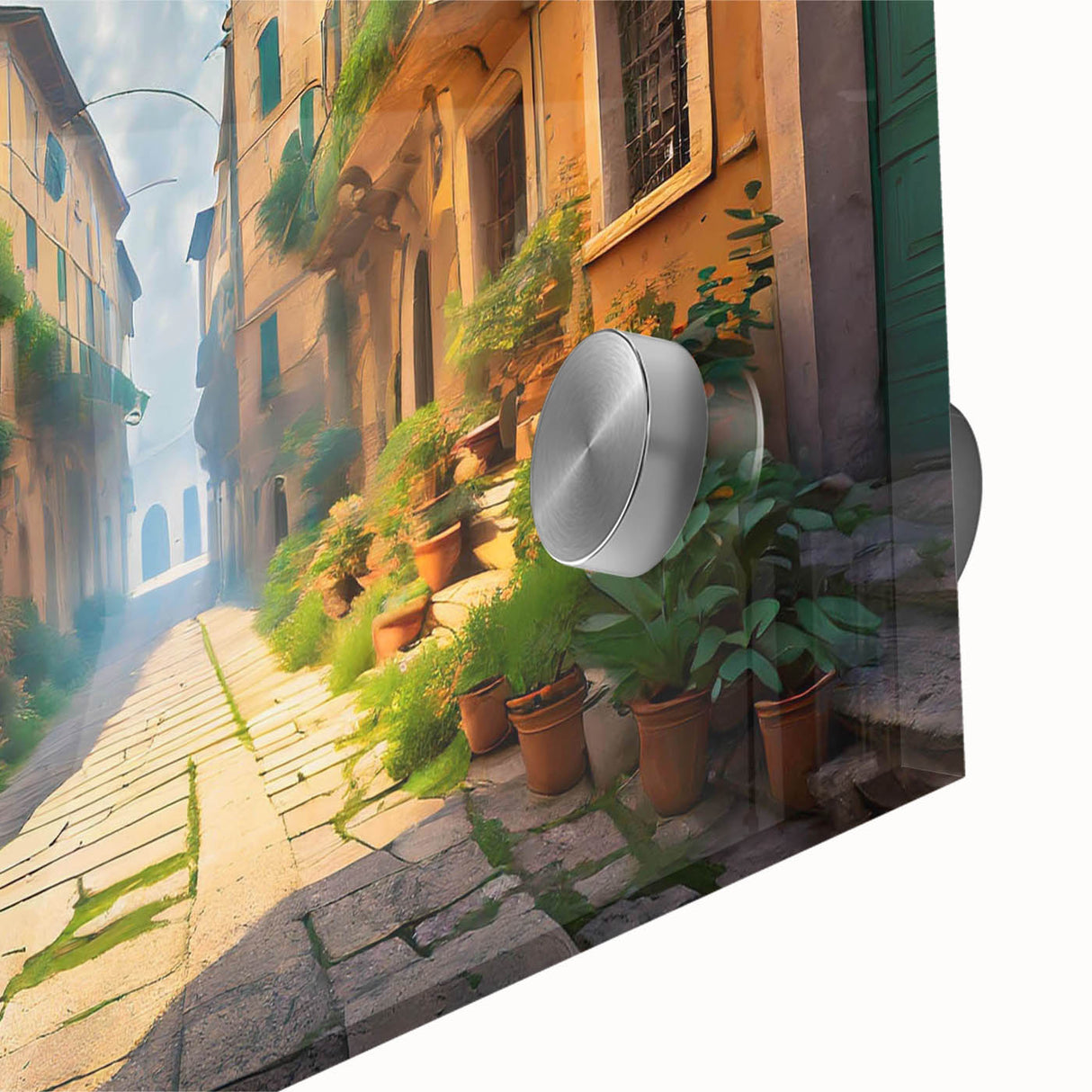 Close-up of a vibrant acrylic glass wall art piece showcasing an abstract landscape design, featuring bold colors and intricate patterns, ideal for modern decor.