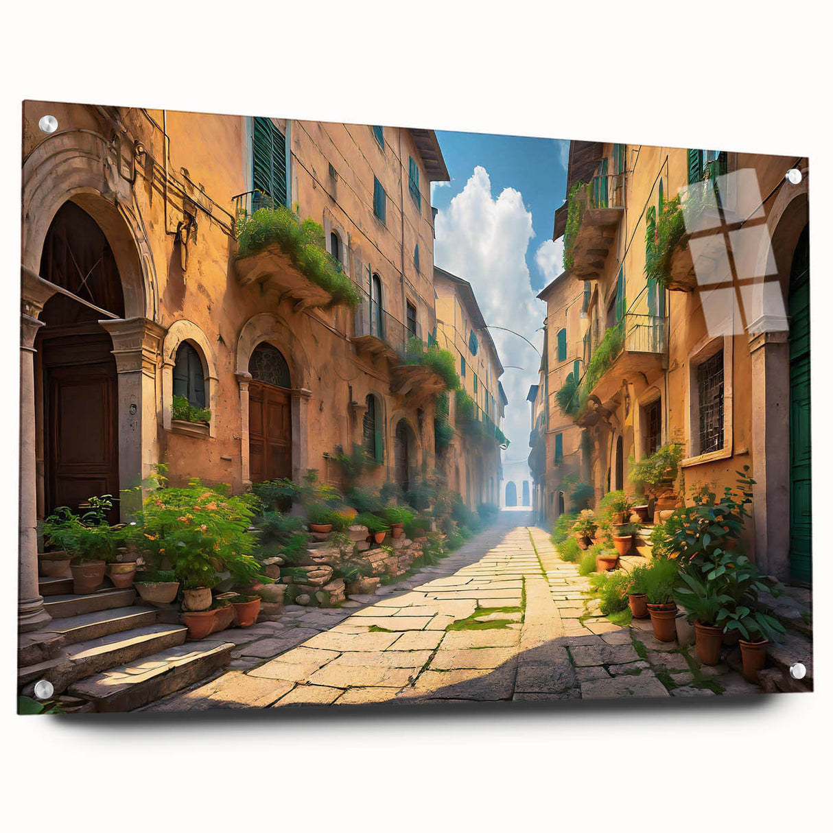 Side view of a modern wall art piece showcasing a vibrant landscape design, made with acrylic glass and adorned with decorative pins, perfect for contemporary decor.