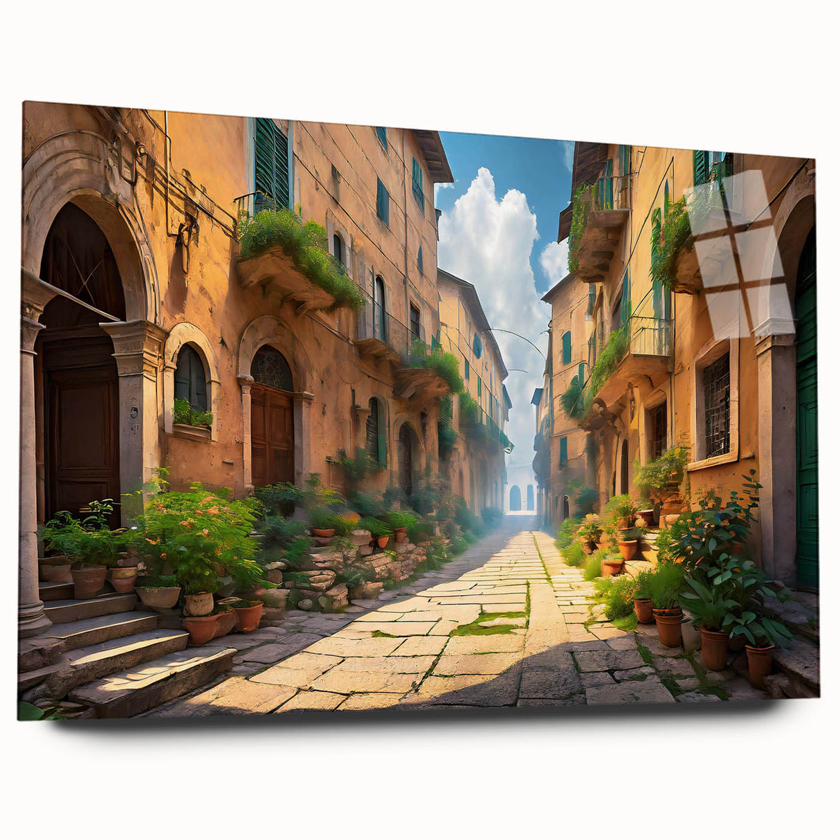 Acrylic glass wall art featuring a vibrant street landscape design, presented in a side view without pins, showcasing rich colors and intricate details ideal for modern decor.