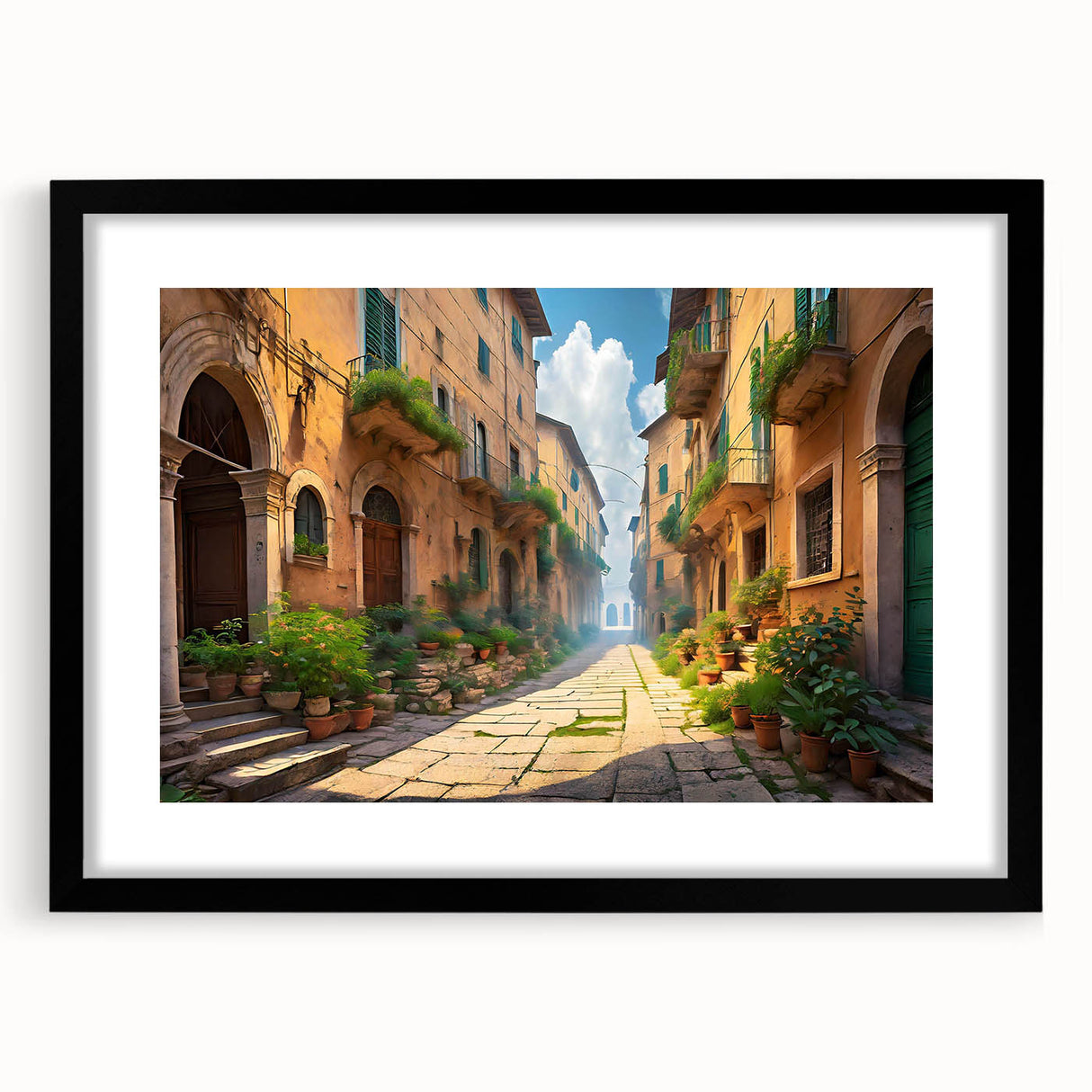 Framed wall art showcasing a modern landscape design with vibrant colors, set in a sleek black frame and white matting, ideal for contemporary home decor.