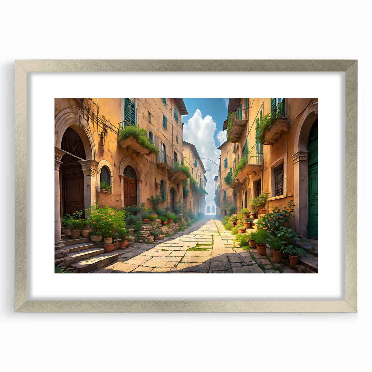 Framed silver mat wall art featuring a stunning urban landscape design, showcasing vibrant colors and intricate details, perfect for modern home decor.