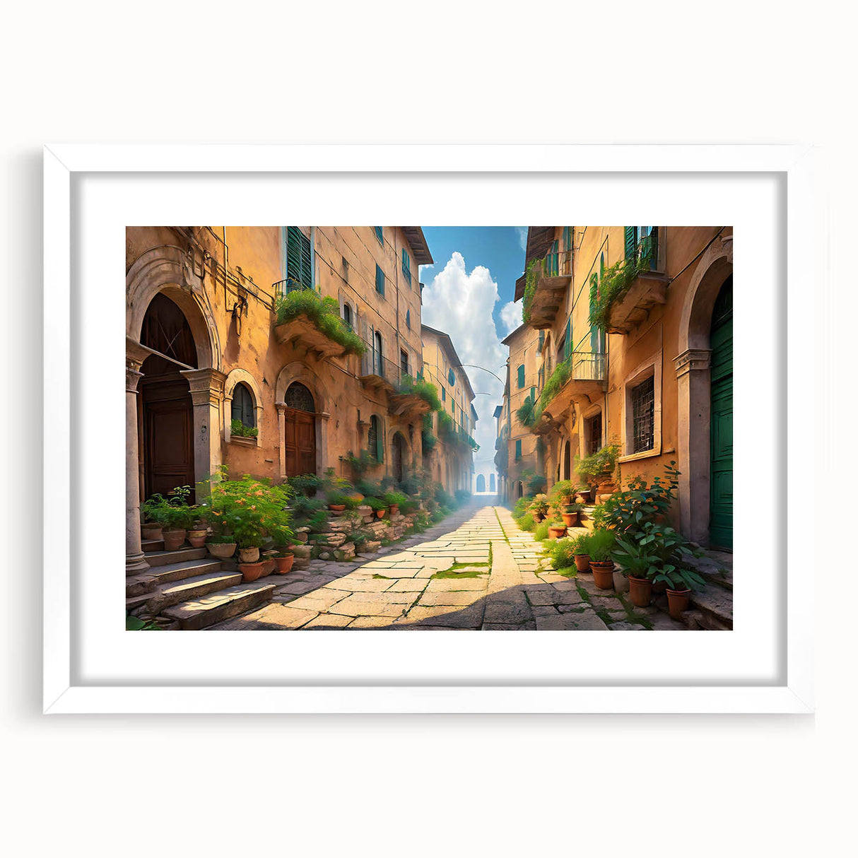 Framed wall art featuring a modern street landscape design with a white mat, showcasing vibrant colors and intricate details, perfect for home decor.