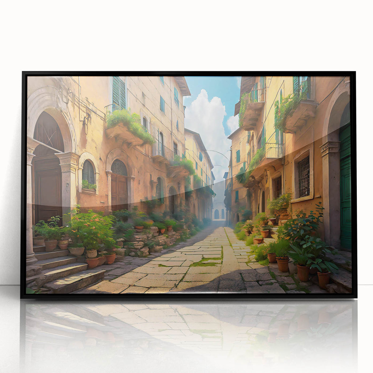 Framed black acrylic wall art showcasing a modern landscape street design, ideal for contemporary home decor, adding sophistication and style to any room.