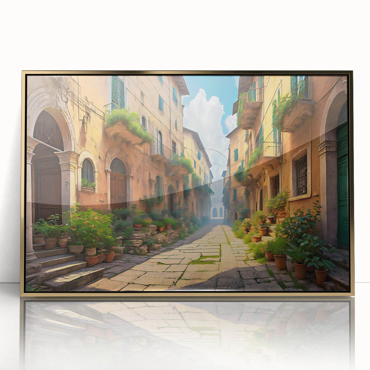 Framed acrylic wall art showcasing a modern street landscape design with gold accents, perfect for contemporary home decor. The piece adds elegance and sophistication to any room.