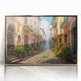 Framed acrylic wall art showcasing a modern street landscape design with gold accents, perfect for contemporary home decor. The piece adds elegance and sophistication to any room.