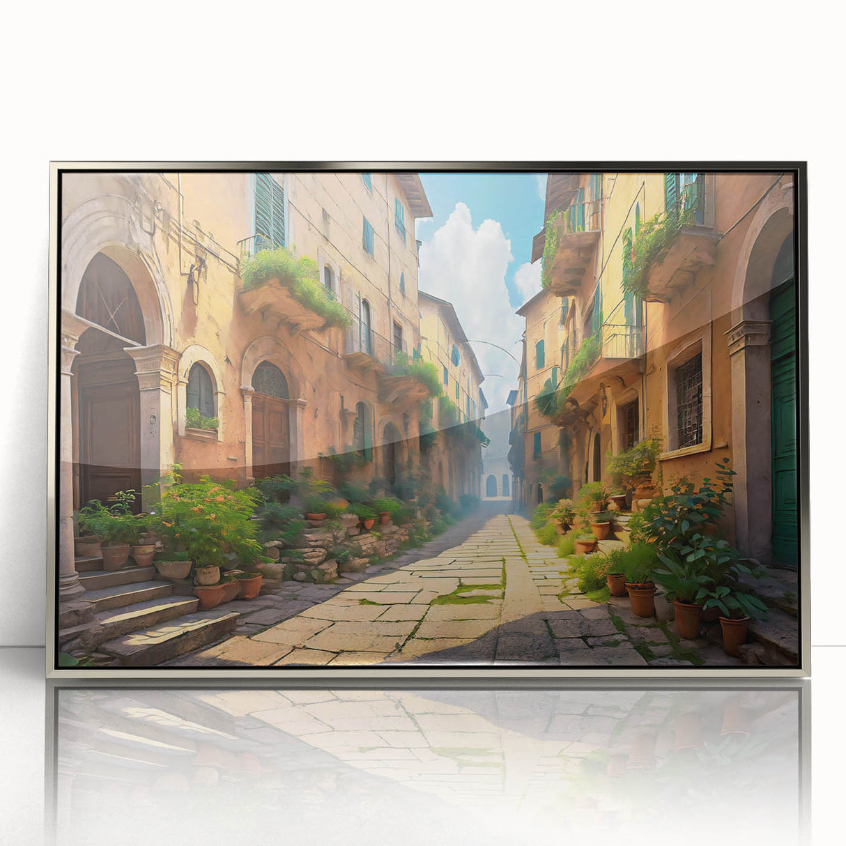 Framed acrylic wall art featuring a modern landscape design with intricate street scenes, showcased in a sleek silver frame, perfect for contemporary home decor.
