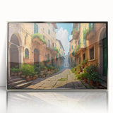 Framed acrylic wall art featuring a modern landscape design with intricate street scenes, showcased in a sleek silver frame, perfect for contemporary home decor.