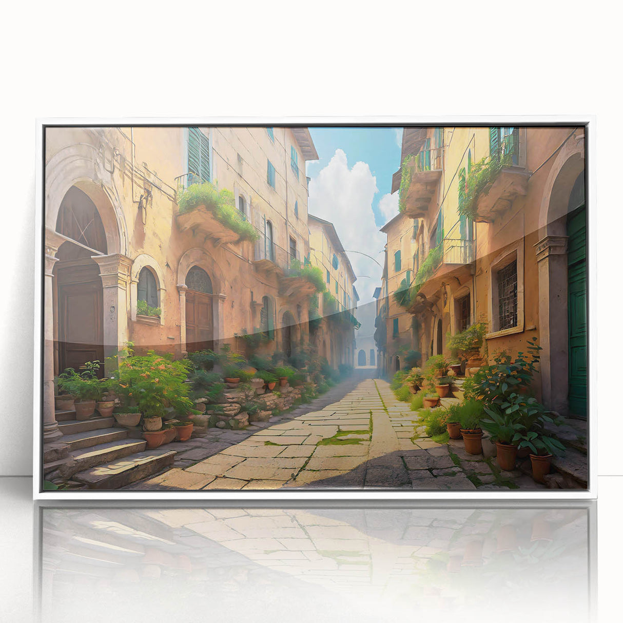 Framed acrylic wall art showcasing a vibrant street landscape design in a modern white frame, perfect for contemporary home decor. The artwork adds a lively touch to any room with its colorful details and urban aesthetic.