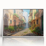 Framed acrylic wall art showcasing a vibrant street landscape design in a modern white frame, perfect for contemporary home decor. The artwork adds a lively touch to any room with its colorful details and urban aesthetic.