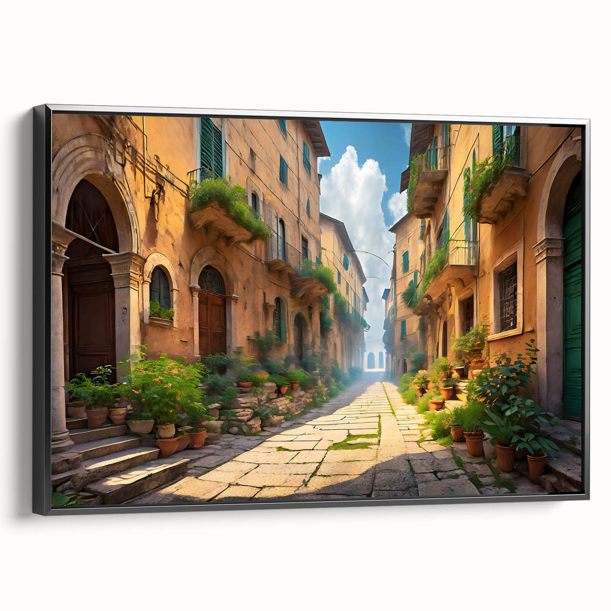 Framed canvas wall art showcasing a modern landscape design with vibrant colors, featuring a black frame that enhances the artwork’s depth and detail. Perfect for home décor.