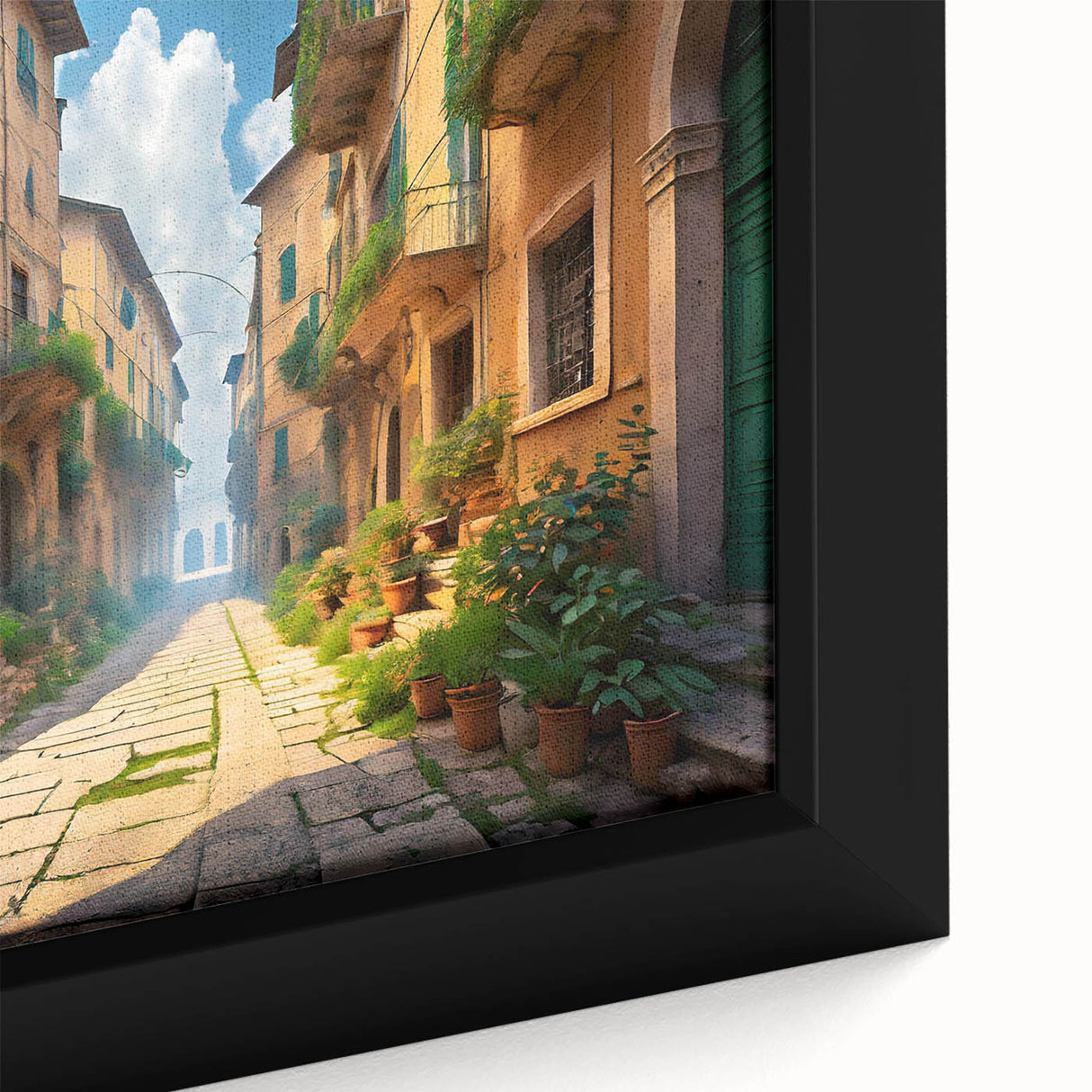 Close-up of a framed canvas from the Landscapes Streets Design 22 collection, showcasing vibrant colors and intricate urban patterns, ideal for modern home decor.