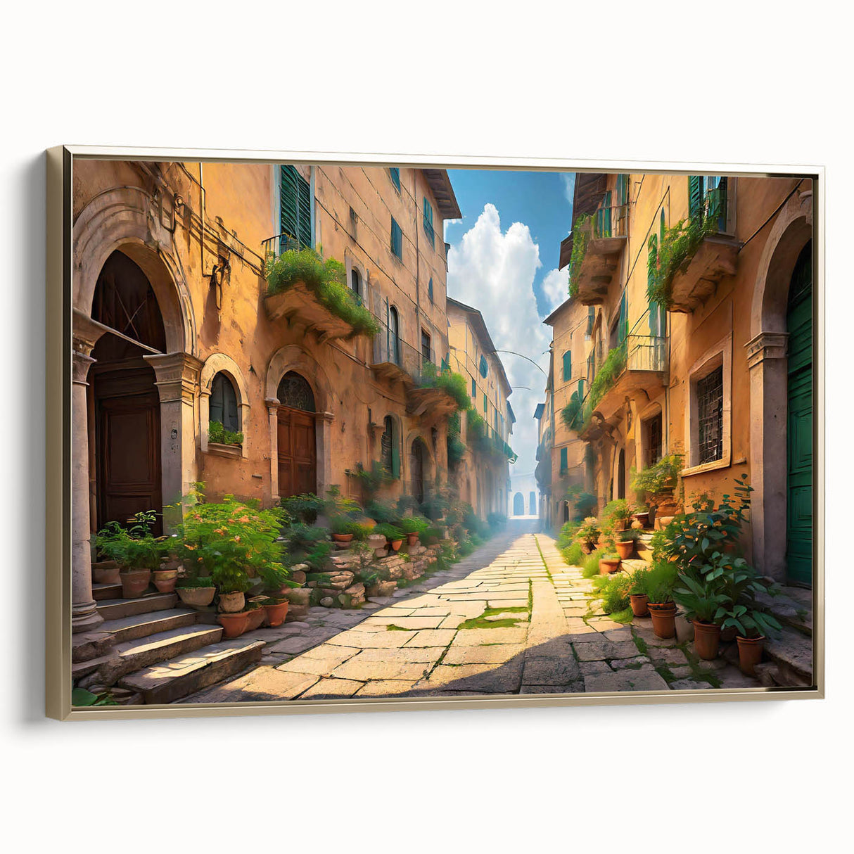 Framed canvas wall art featuring a stunning landscape design with vibrant colors and gold accents, elegantly displayed in a modern setting, perfect for home decor.