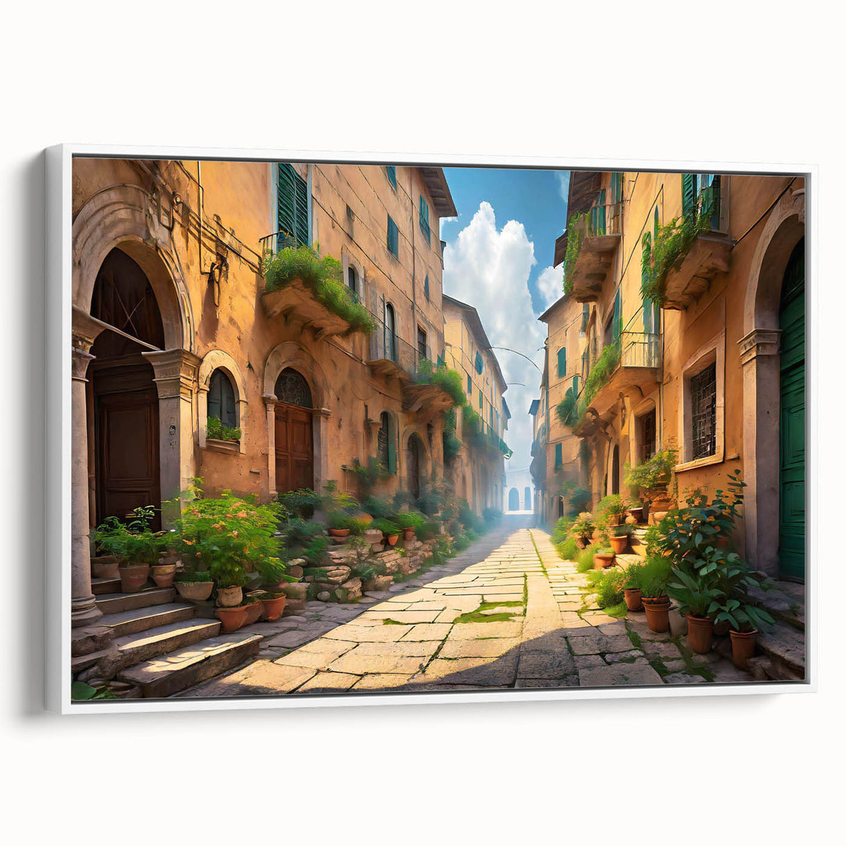 Framed canvas wall art showcasing a serene landscape scene with vibrant colors, set against a white background, perfect for home decor.