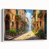 Framed canvas wall art showcasing a serene landscape scene with vibrant colors, set against a white background, perfect for home decor.