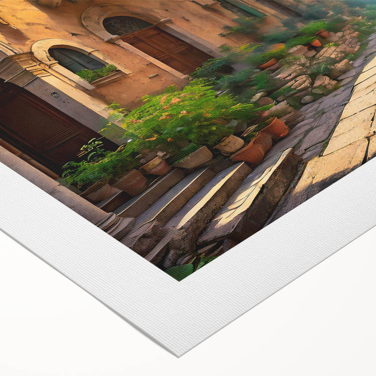 Rolled canvas artwork depicting a vibrant cityscape design with intricate street scenes and colorful buildings, ideal for modern home decor.