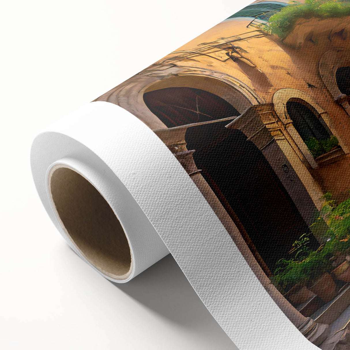 Rolled canvas artwork showcasing a vibrant urban landscape design, featuring intricate street scenes and bold colors, elegantly packaged in a protective tube for display or gifting.