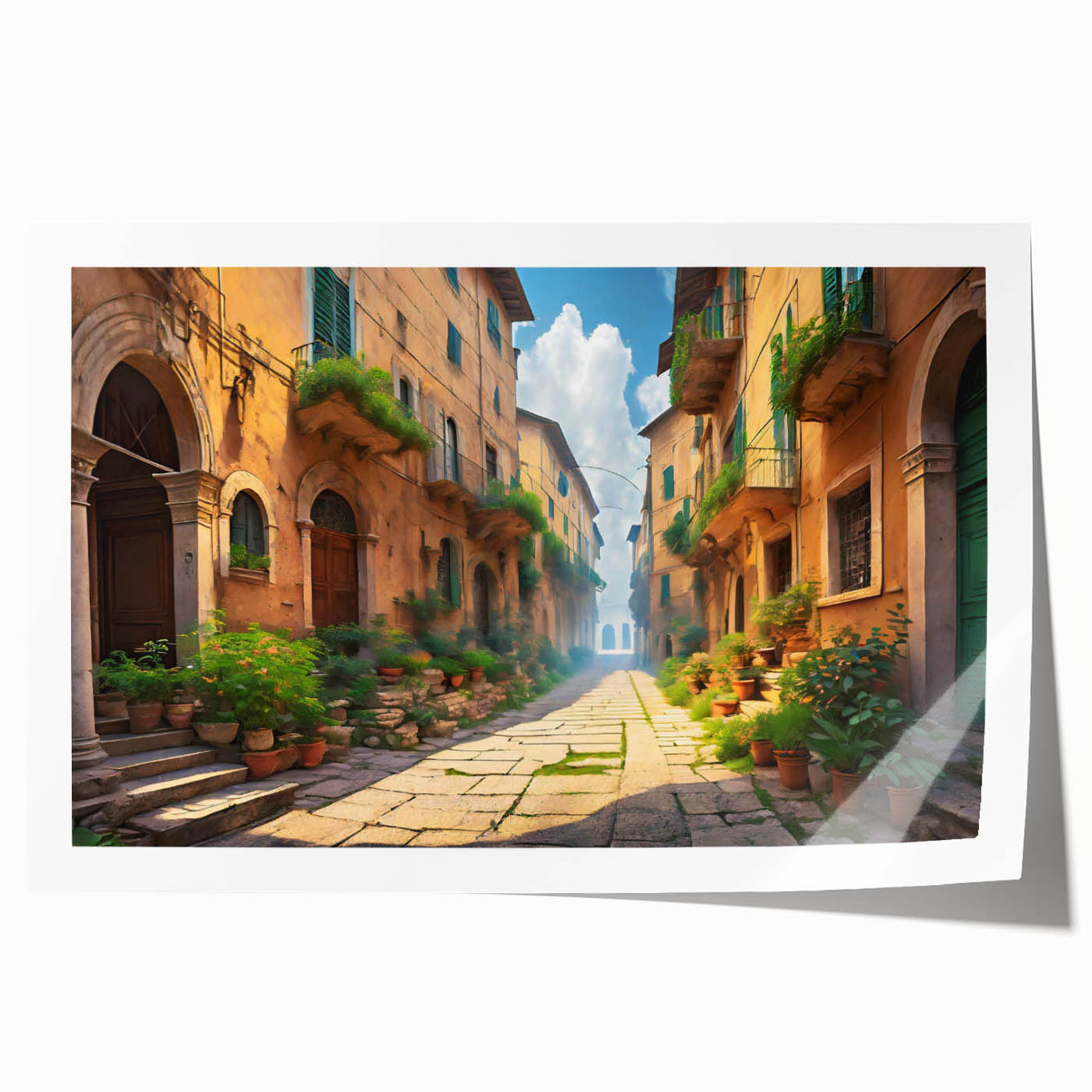 Rolled print showcasing a vibrant abstract street landscape design with rich colors and intricate details, ideal for modern home decor and artistic displays.