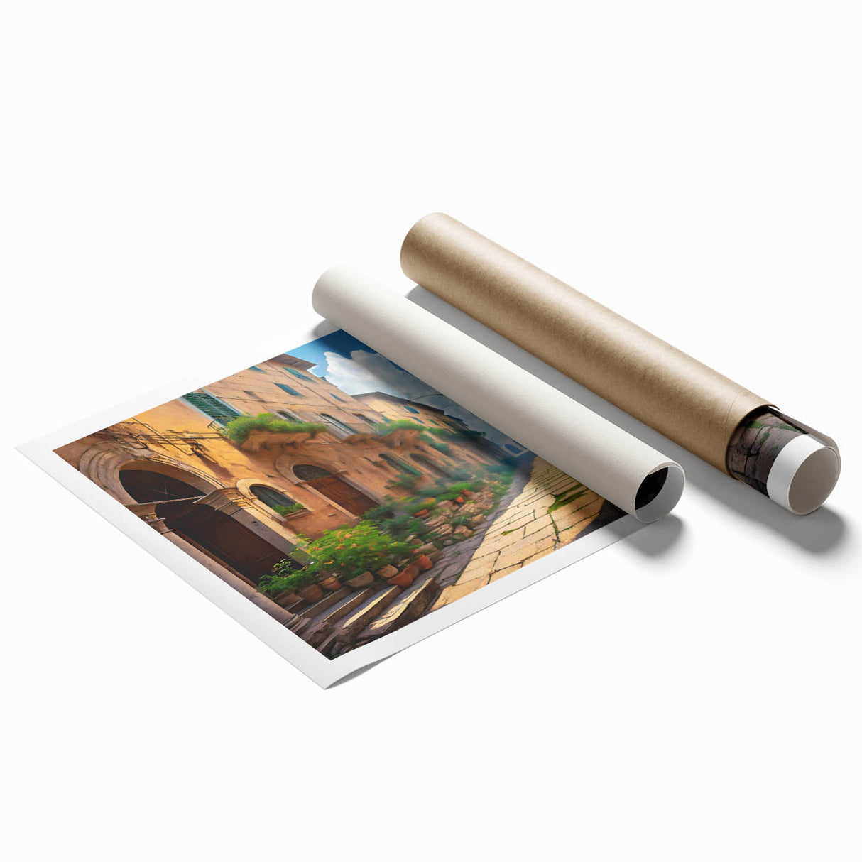 Rolled print showcasing a vibrant urban landscape design with intricate street details, ideal for modern home decor, packaged securely in a protective tube.