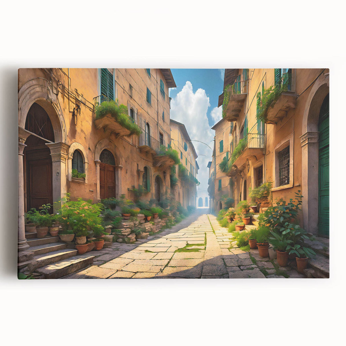 Stretched canvas wall art showcasing a vibrant cityscape design with dynamic colors and intricate details, perfect for modern home décor and artistic expression.